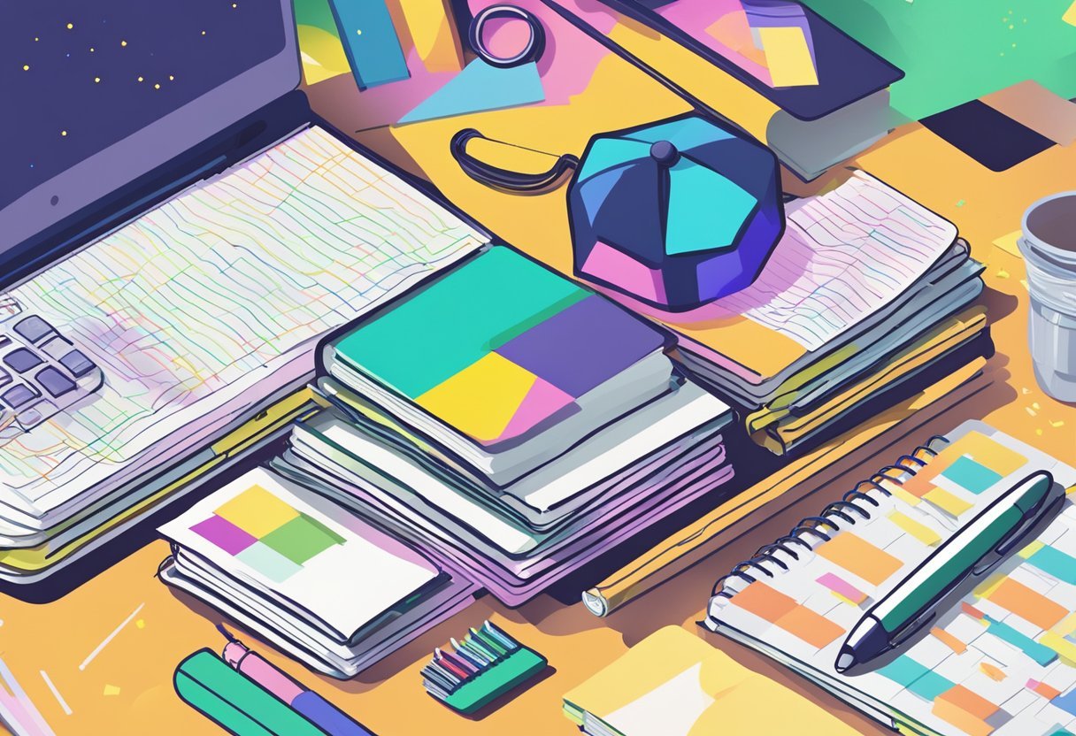 A stack of colorful textbooks and a laptop on a desk, surrounded by scattered notes and highlighters. A "Myecon Review" textbook prominently displayed