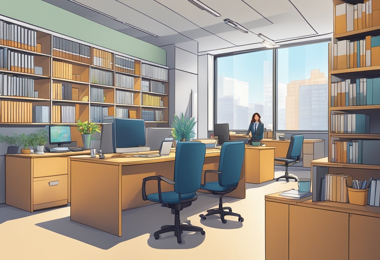 A bright, welcoming office space with a help desk, shelves of resources, and a friendly staff assisting members