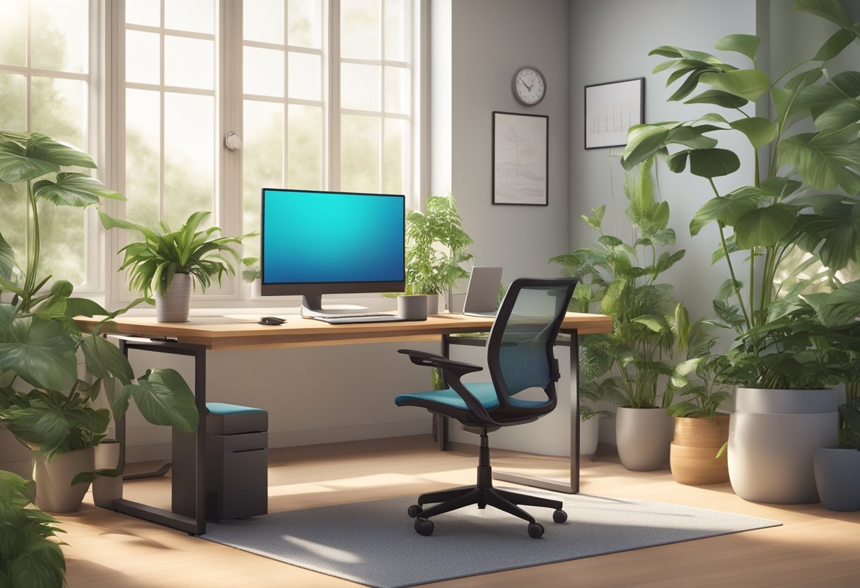 A modern office desk with adjustable chair, ergonomic keyboard, and monitor at eye level, surrounded by plants and natural light