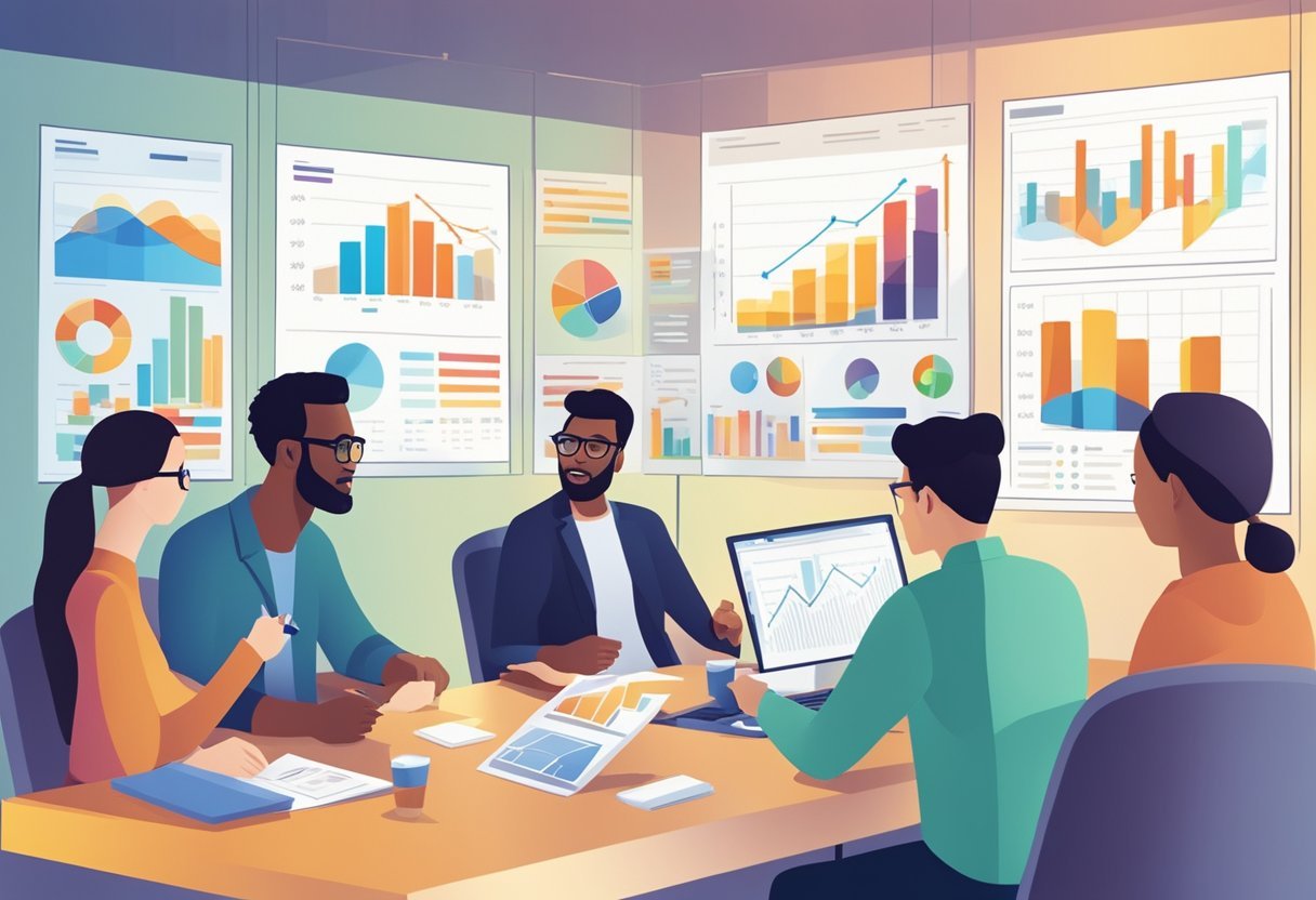 A diverse group of individuals engage in lively discussions, surrounded by charts and graphs, while analyzing consumer data at the National Consumer Center