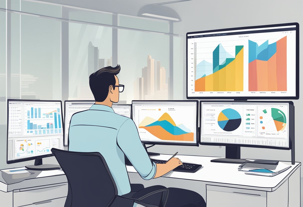 A person sitting at a desk, surrounded by charts and graphs. A computer screen displays the Nielsen survey results