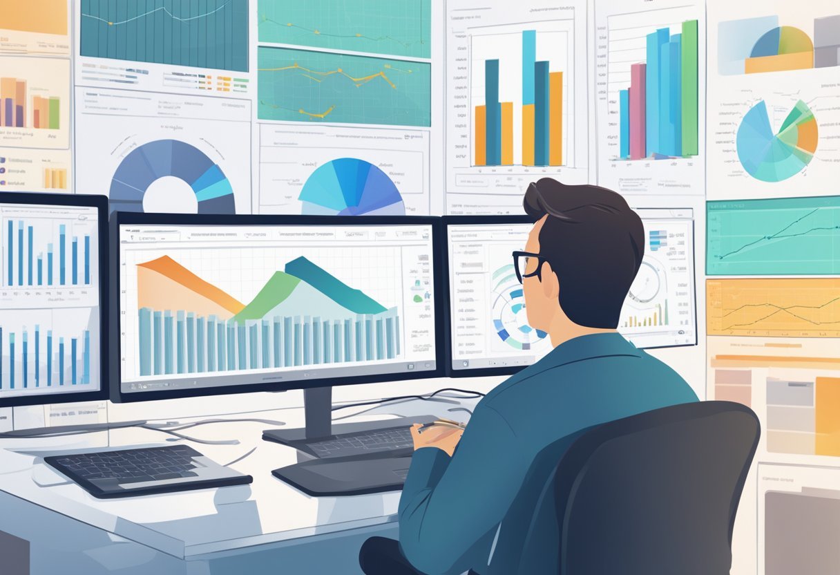 A person analyzing Nielsen survey data on a computer screen, surrounded by charts and graphs