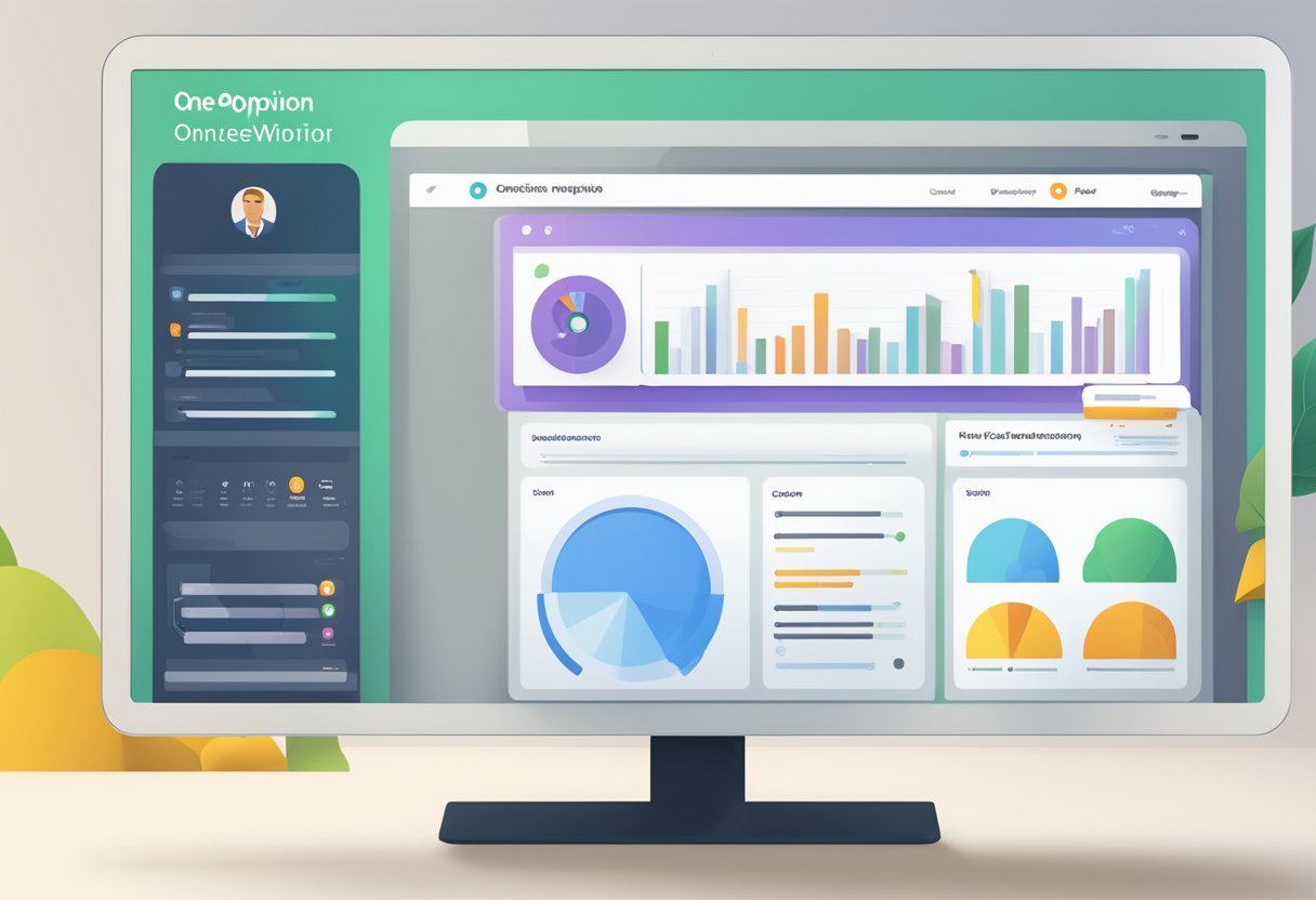 A computer monitor displaying the OneOpinion website with a user interface and logo