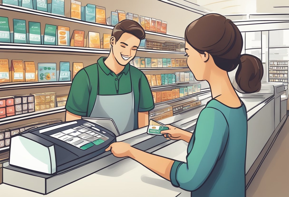 A person swiping a loyalty card at a store checkout, earning and redeeming rewards for their OneOpinion review