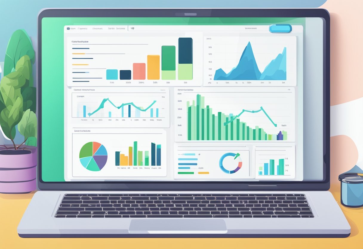 An open laptop displaying the Online Profits System website, with charts and graphs showing financial growth in the background