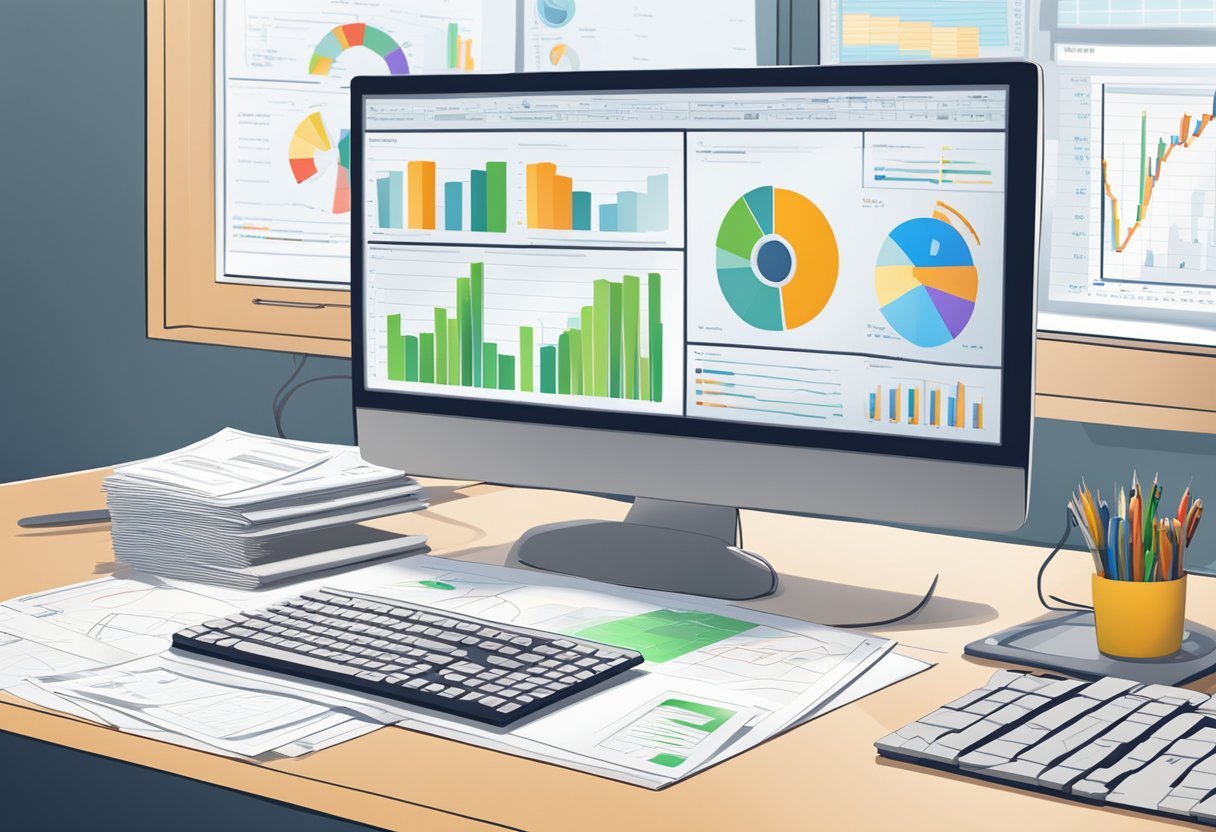 A computer screen displays the Legitimacy Analysis Online Profits System Review. A keyboard and mouse sit on the desk. A stack of papers with charts and graphs is nearby