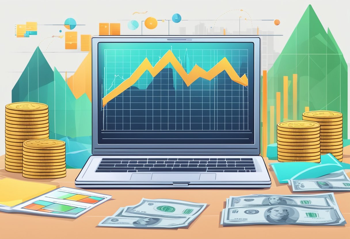 A laptop displaying a graph of increasing profits, surrounded by stacks of money and investment charts