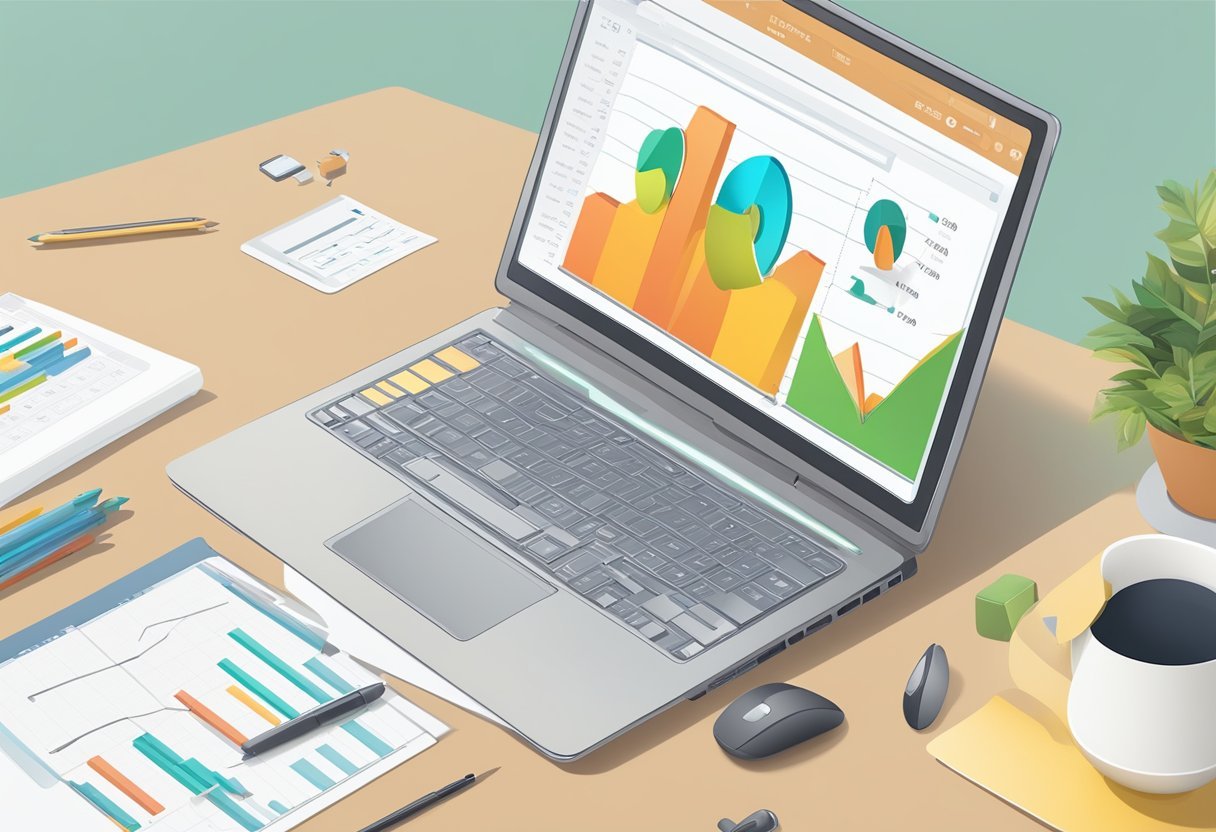 A laptop displaying sales plans and pricing, with a chart showing ROI. A hand hovers over a mouse, ready to click