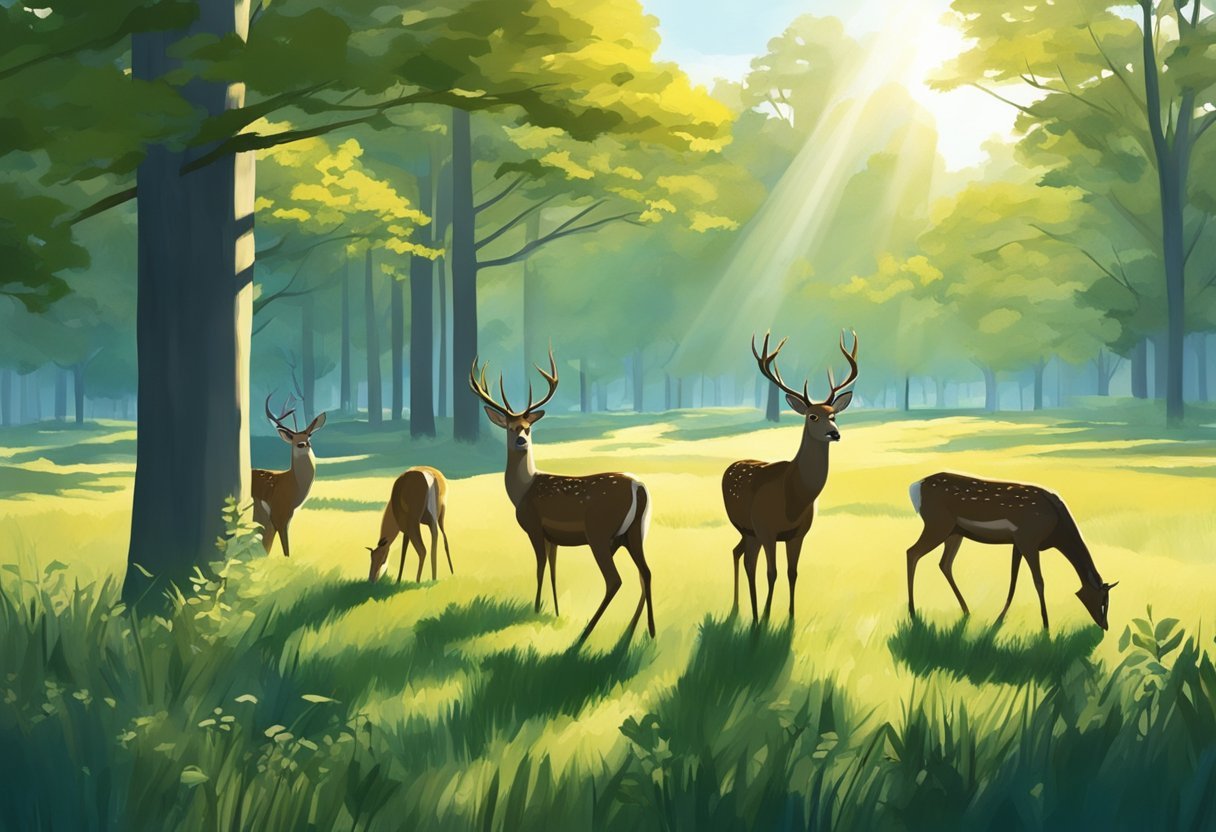 A group of deer graze in a lush meadow, surrounded by tall trees and a clear blue sky. The sunlight filters through the leaves, casting dappled shadows on the ground