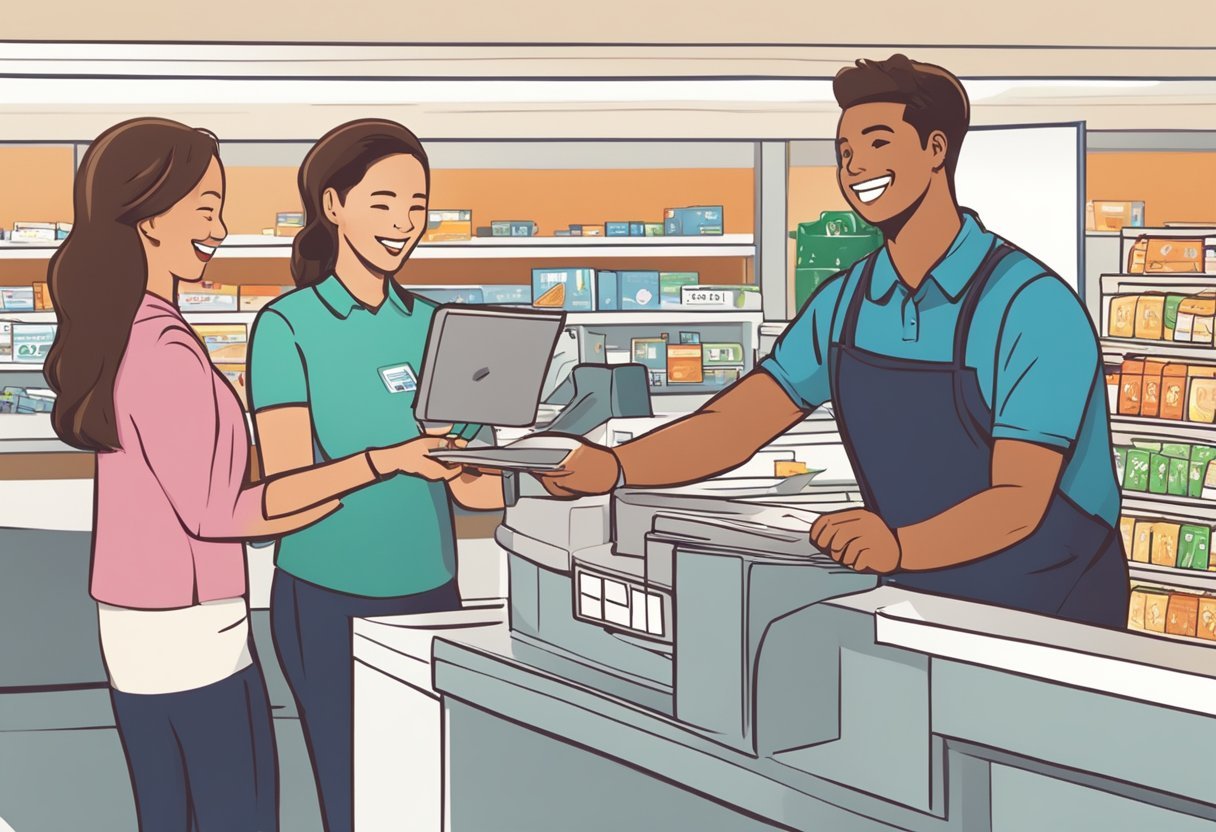 A stack of Panel Bucks gift cards being swiped at a checkout counter, with a pleased customer and cashier exchanging smiles