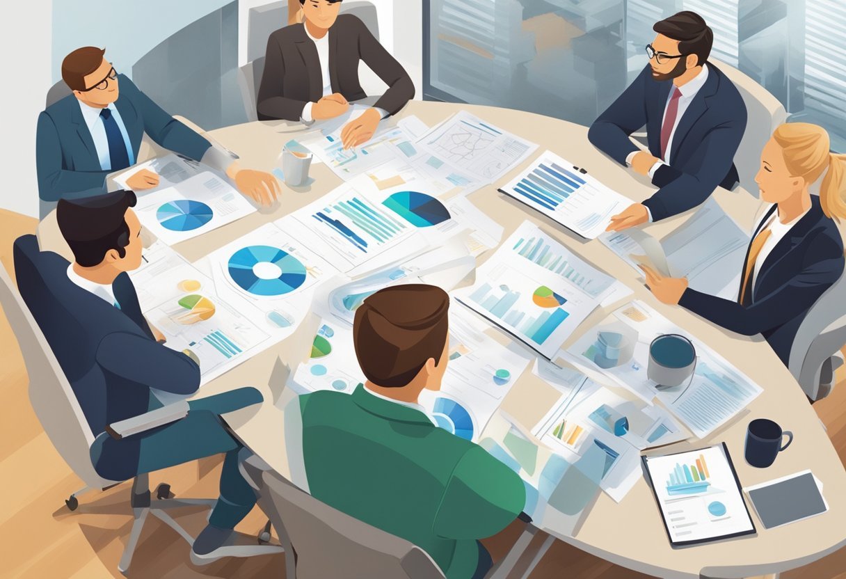 A group of professionals analyzing and discussing the legitimacy of Panel Bucks, with charts, graphs, and documents spread out on a conference table