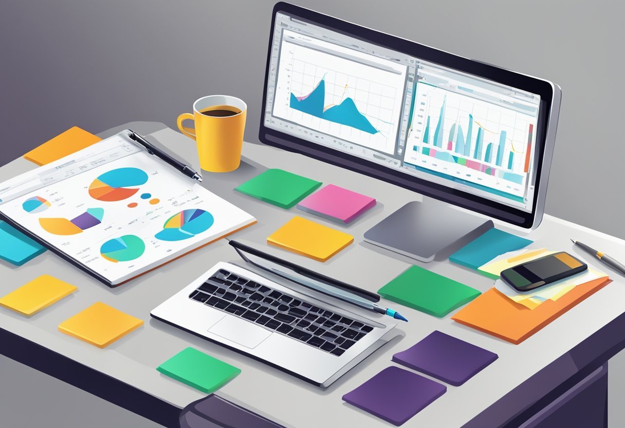 A computer screen displaying Pathmatics data with colorful charts and graphs. An analyst's desk with a notepad and pen, and a cup of coffee