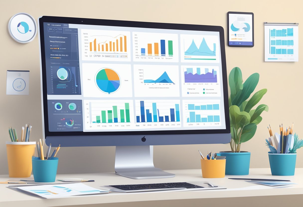 A computer screen displaying Pathmatics Review data with charts and graphs, surrounded by a clean and modern workspace