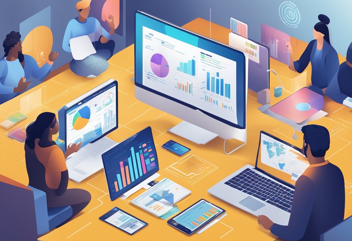 A diverse group of people engage with digital devices, surrounded by charts and graphs showing market reach and audience demographics