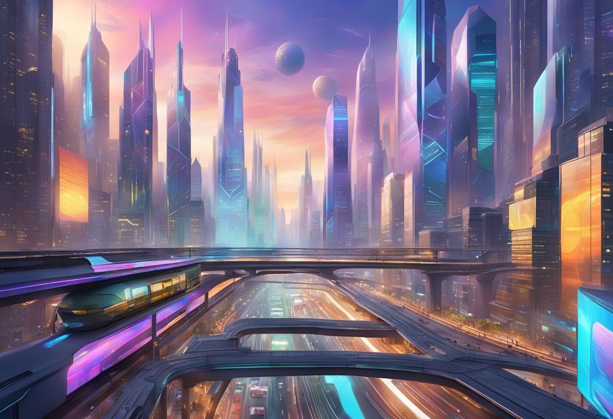 A vibrant, futuristic cityscape with towering skyscrapers, holographic billboards, and sleek transportation systems. The atmosphere is bustling and dynamic, with a sense of innovation and progress