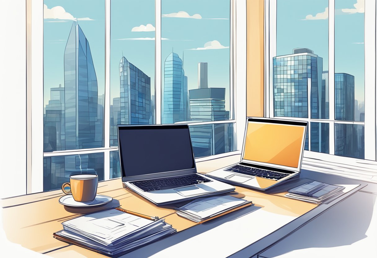 A desk with a laptop, notebook, and pen. A stack of business documents and a cup of coffee. A window with city skyline in the background