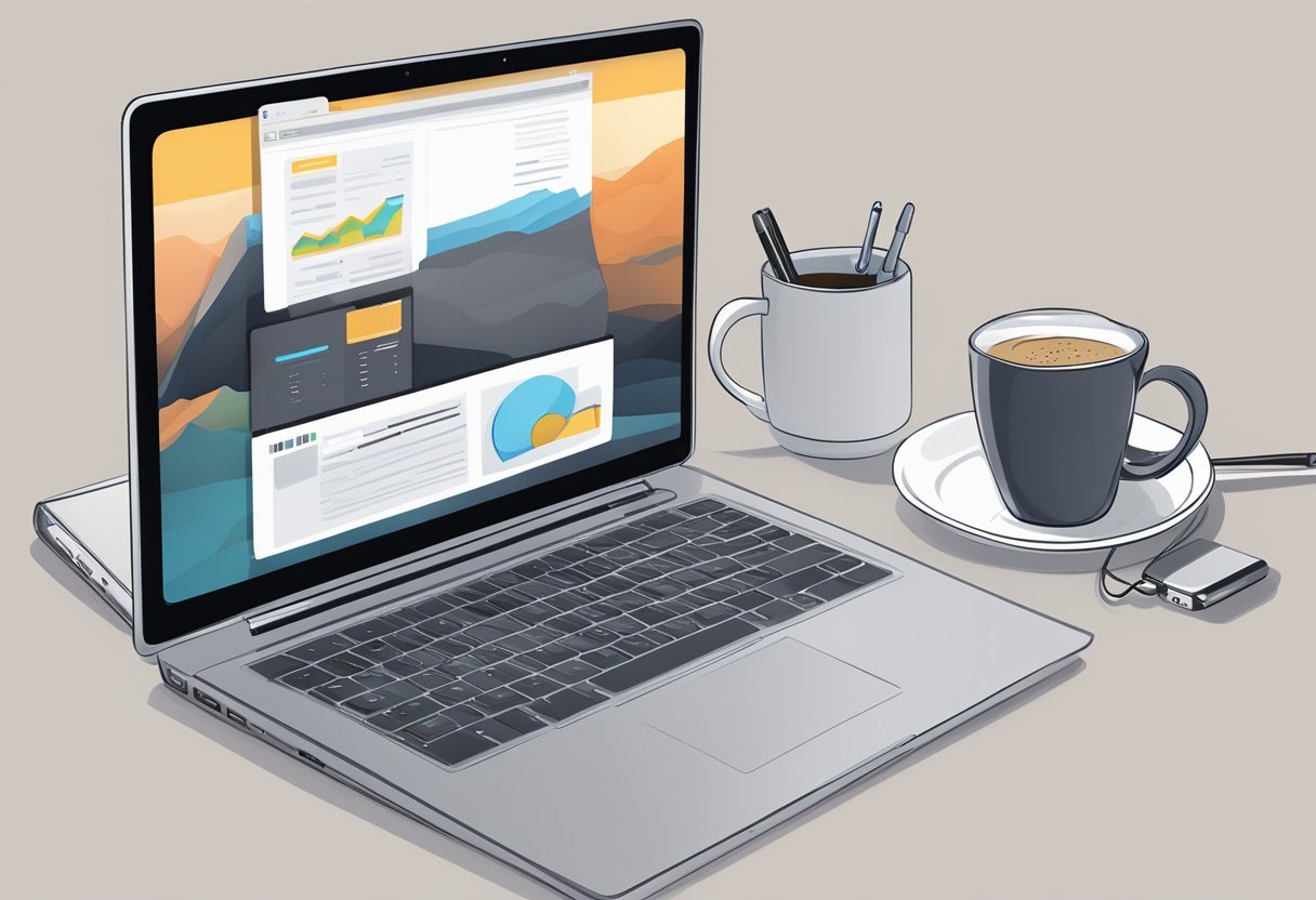 A laptop with the Power Lead System website open, surrounded by a notebook, pen, and coffee mug