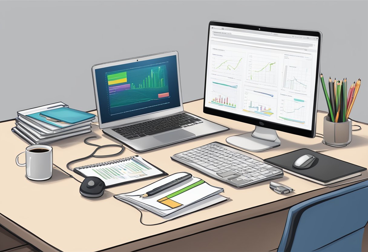 A desk with a computer, notebook, and pen. A stack of training resources and a Power Lead System review displayed on the screen