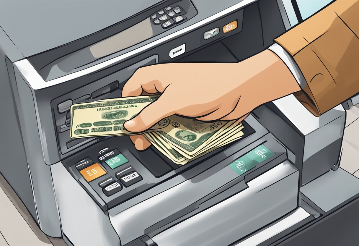 A hand holding a prepaid card, inserting it into a machine, receiving cash in return