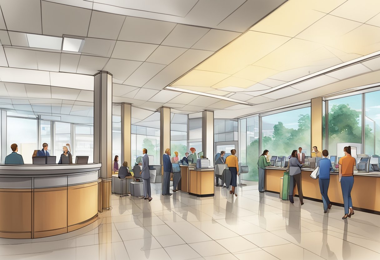 A bustling bank lobby with customers at teller windows, a line forming, and staff assisting clients at desks