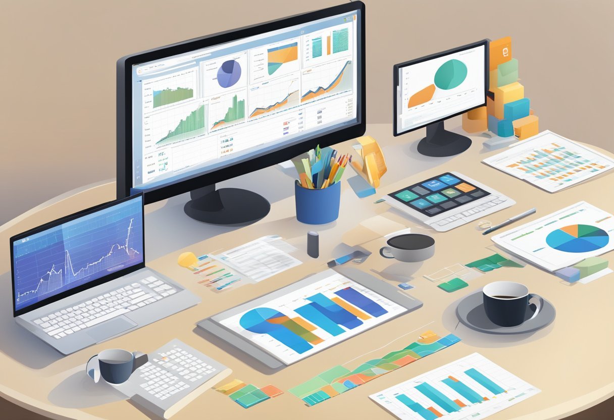 A table with various payout options displayed on a computer screen, surrounded by charts and graphs