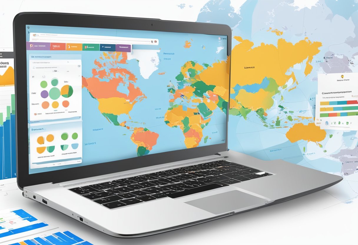 A laptop displaying the Rakuten Insight website, surrounded by various charts and graphs, with a world map in the background