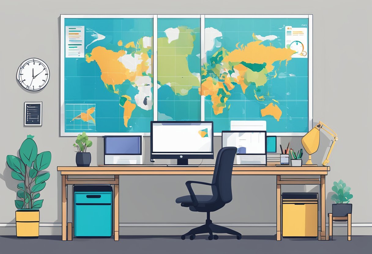 A modern office with computers, charts, and a world map on the wall. Rakuten Insight logo displayed prominently