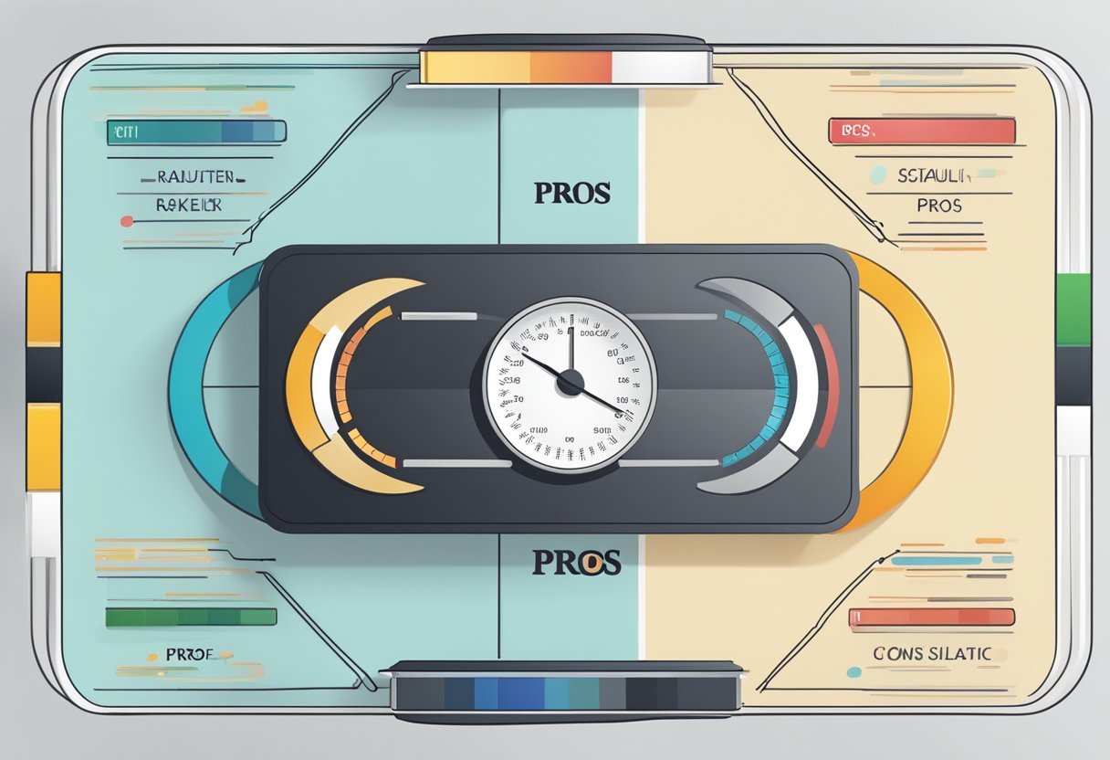 A scale with "Pros" on one side and "Cons" on the other, with Rakuten Insight logo in the center