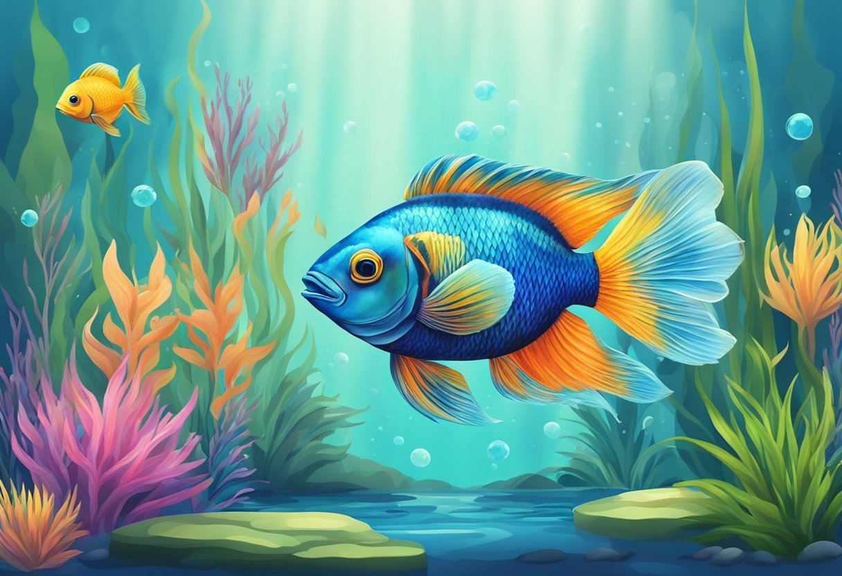 A colorful fish swimming in a crystal-clear aquarium, surrounded by vibrant aquatic plants and bubbling water features