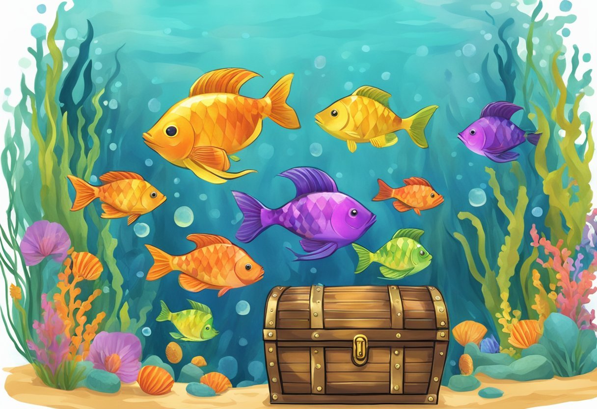 A colorful school of fish swimming around a treasure chest with the words "Rewardfish" written on it. The fish are vibrant and varied in size and shape, creating a lively and inviting underwater scene