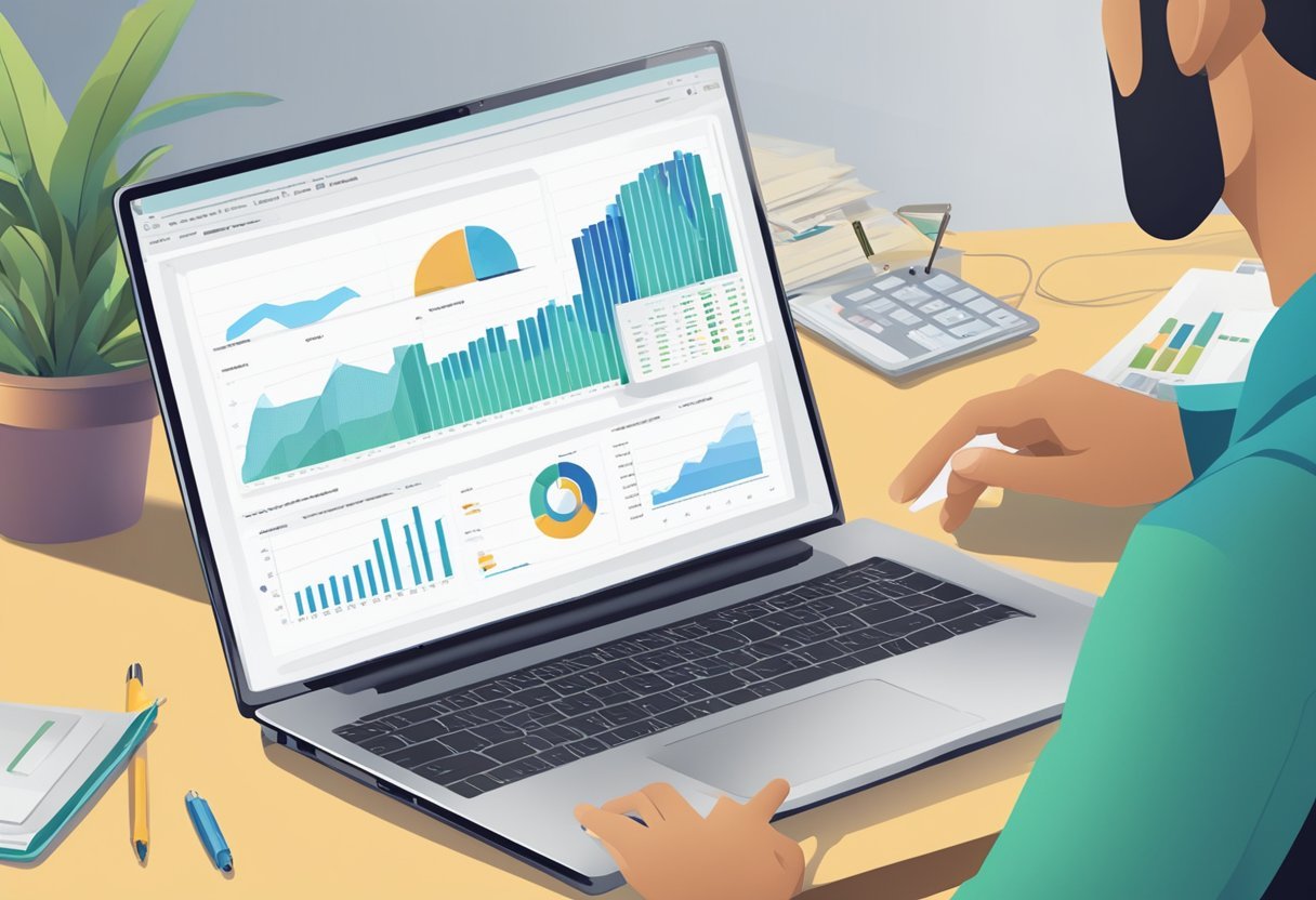 A laptop displaying "Second Income Centers Review" with a hand clicking a link. A chart showing analysis data in the background