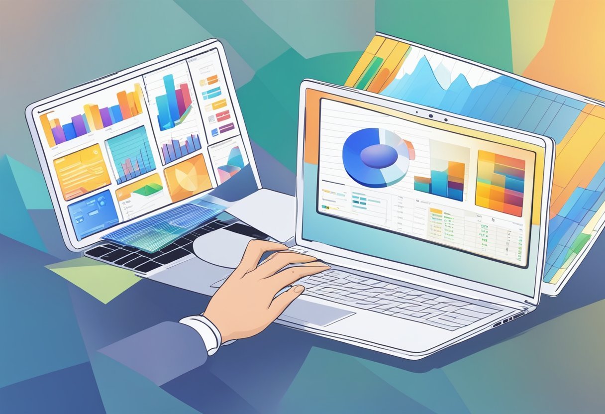 A laptop displaying a variety of online business models with charts, graphs, and income projections. A person's hand reaching for the laptop