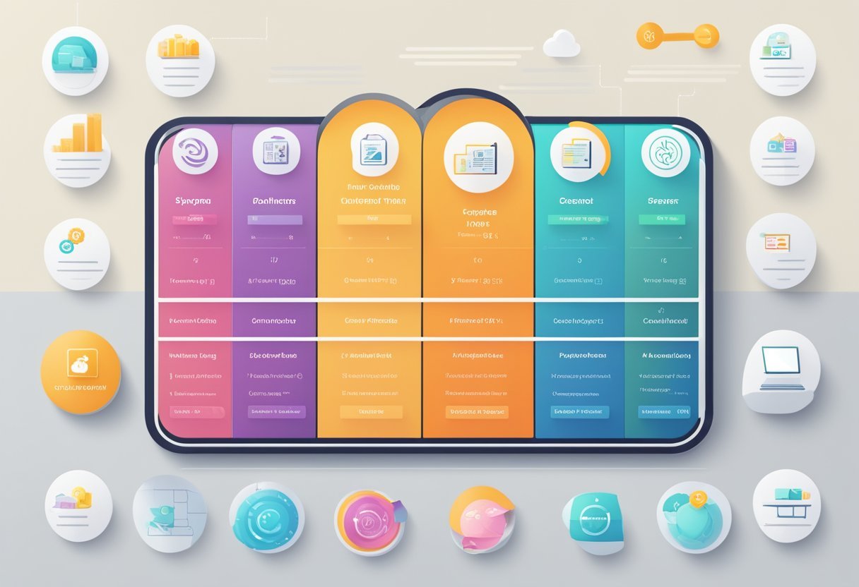 A pricing chart with various subscription options displayed on a digital screen, surrounded by icons representing different course offerings