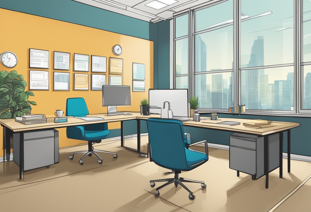 A modern office with a desk, computer, and chair. A sign on the wall reads "Job Seekers Skip The Drive Review."