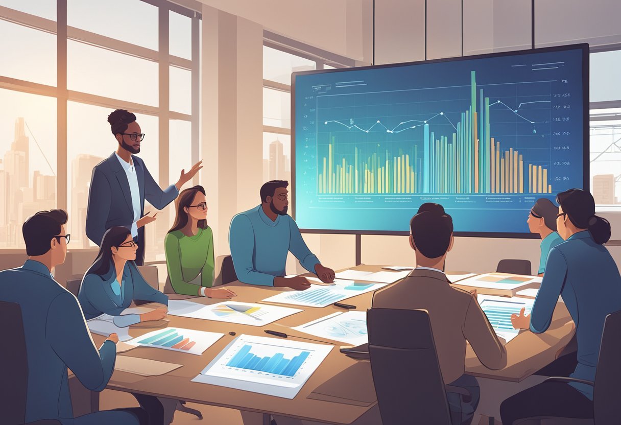 A group of people gather around a large table, examining and discussing a series of charts and graphs displayed on a screen