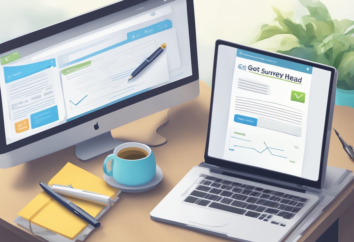 A computer screen displaying the Survey Head website with a mouse cursor clicking on the "Get Started" button. A notepad and pen sit nearby, ready for note-taking