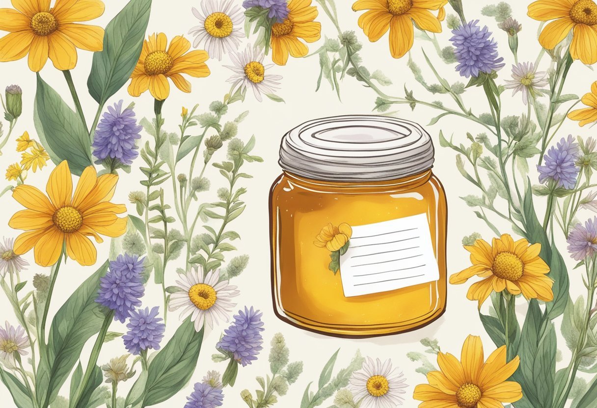 A jar of honey surrounded by a variety of wildflowers, with a hand-written review card next to it