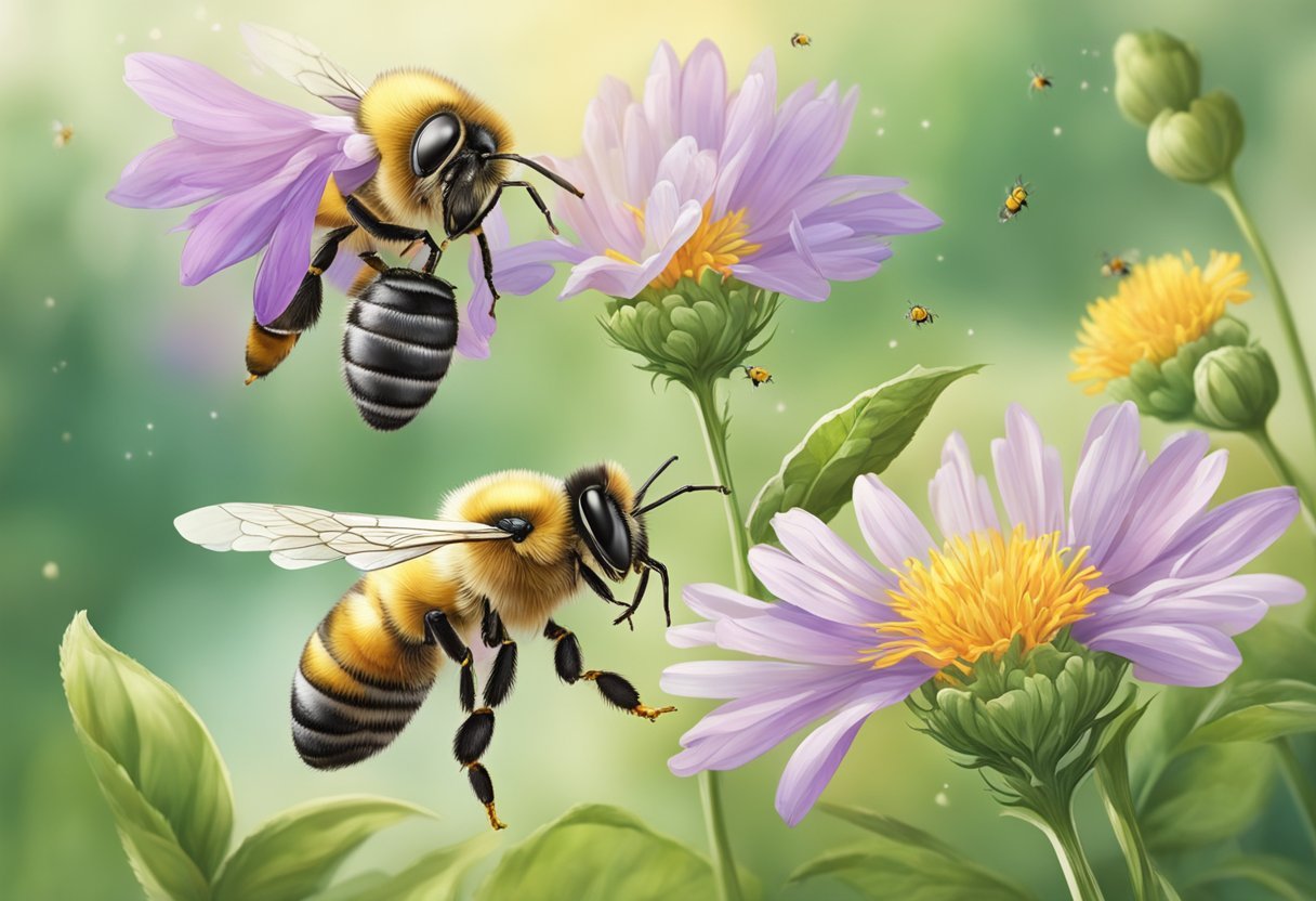 A honeybee collects nectar from a flower, while another bee dances to communicate the location of a new food source