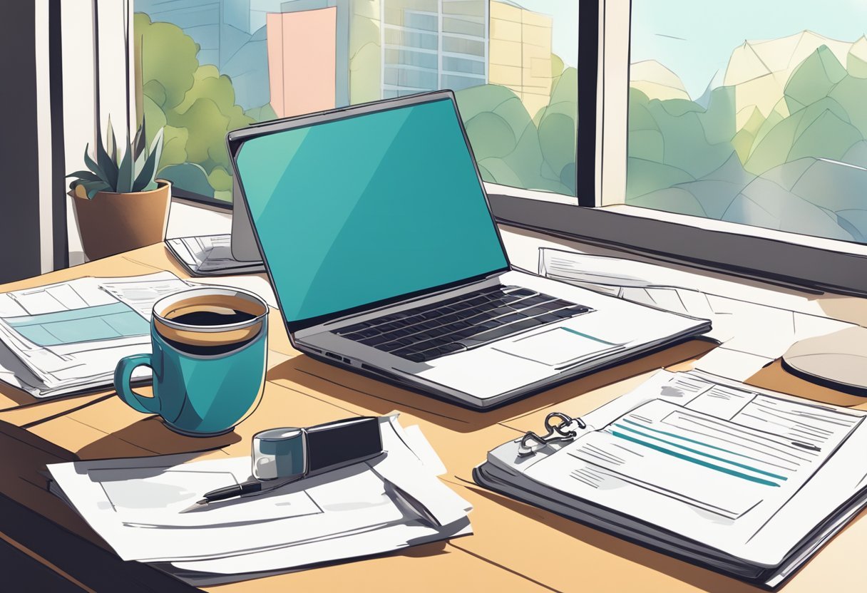 A laptop on a cluttered desk with a stack of survey forms, a pen, and a cup of coffee. A bright window in the background