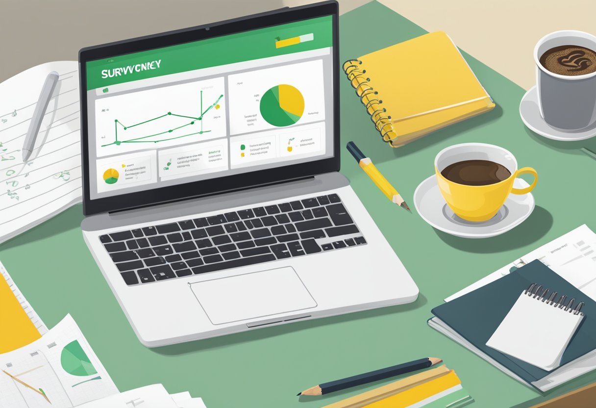 A laptop displaying the Surveymonkey website with a graph of survey results, a pencil and notepad, and a cup of coffee on a desk