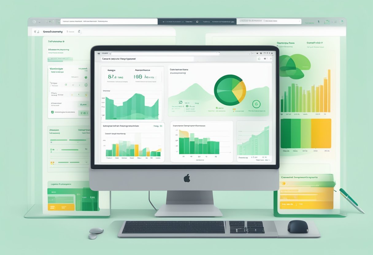 A computer screen displaying SurveyMonkey's core features with a cursor clicking on various survey options. Graphs and data visualizations are shown on the screen