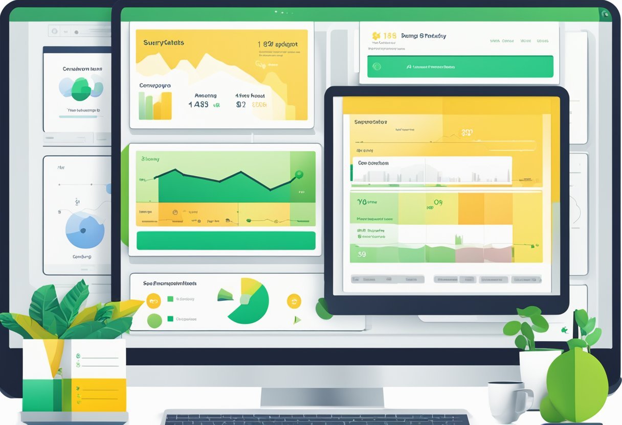 Multiple pricing and subscription plan options displayed on a computer screen with SurveyMonkey logo in the background. Graphs and charts show user feedback and ratings