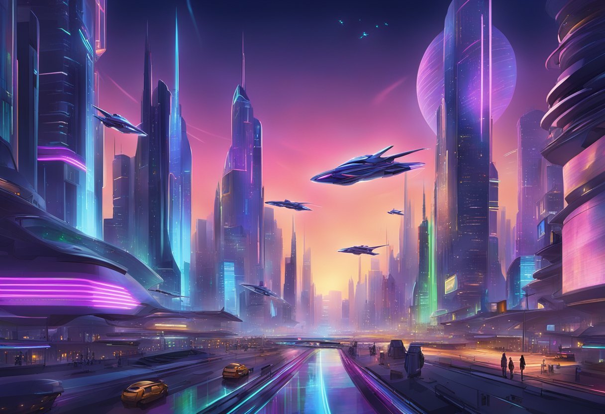 A futuristic cityscape with neon lights and sleek, towering buildings, bustling with flying vehicles and bustling with activity