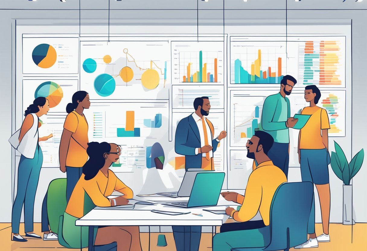 A group of diverse people engage in a lively discussion while reviewing and understanding the concept of Swapnex. Charts and graphs are displayed in the background, adding to the atmosphere of collaboration and analysis