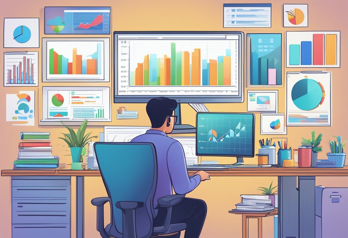 A person sitting at a desk, surrounded by charts and graphs, analyzing earning opportunities on a computer screen