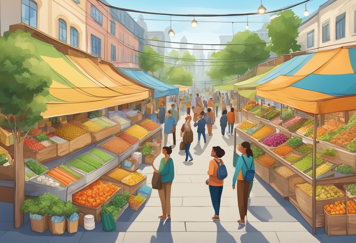 A bustling market filled with eco-friendly products and passionate vendors. Colorful banners promote sustainability. Shoppers swap and review items