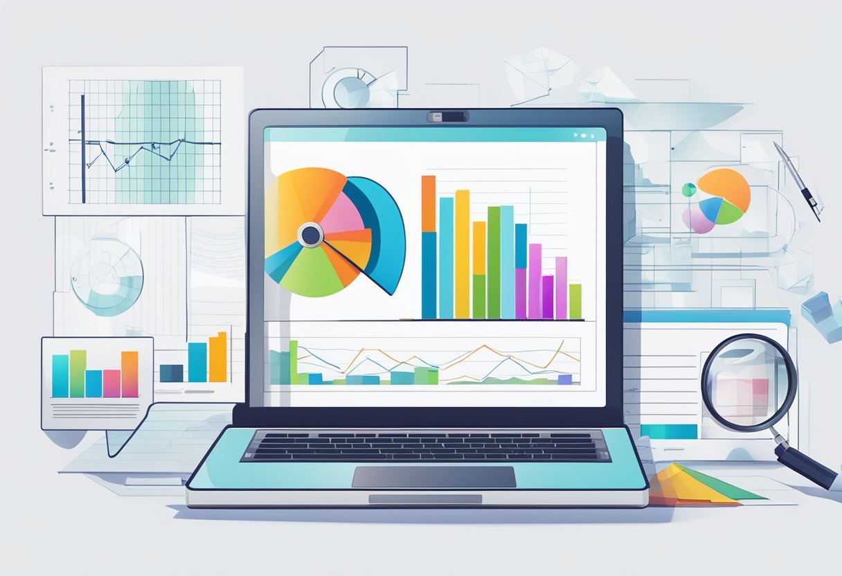 A laptop with a graph on the screen, surrounded by scattered papers and a pen. A magnifying glass hovers over the graph