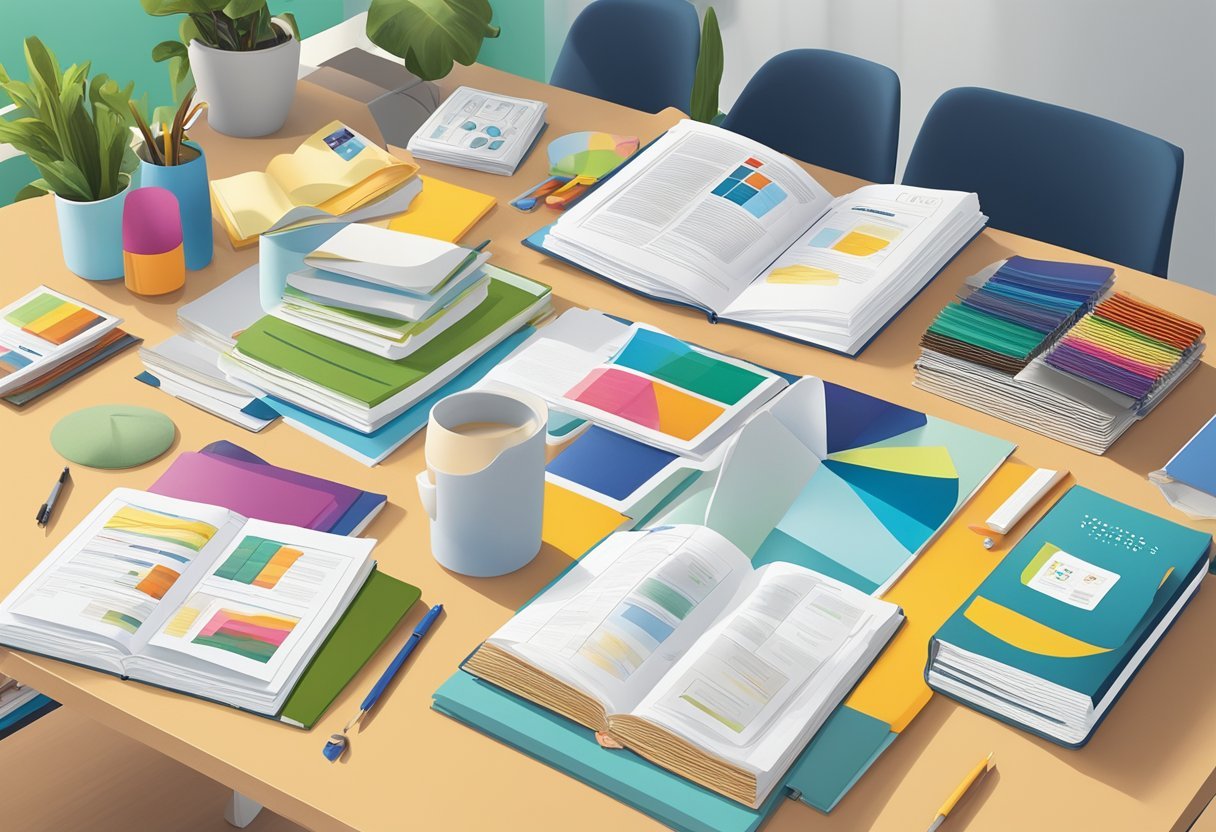 A colorful array of course catalogs and curriculum materials spread out on a desk, showcasing the diverse offerings of Tecademics