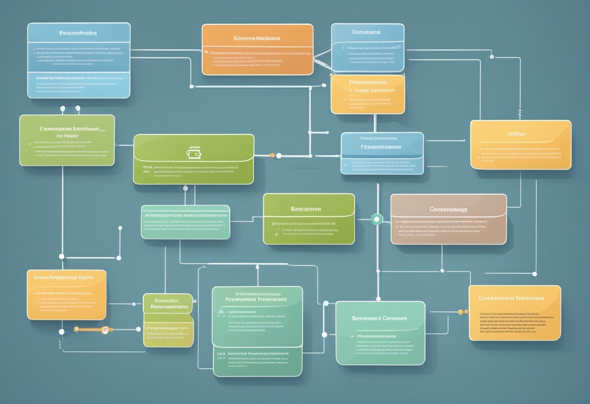 A flowchart showing interconnected business model components and revenue streams