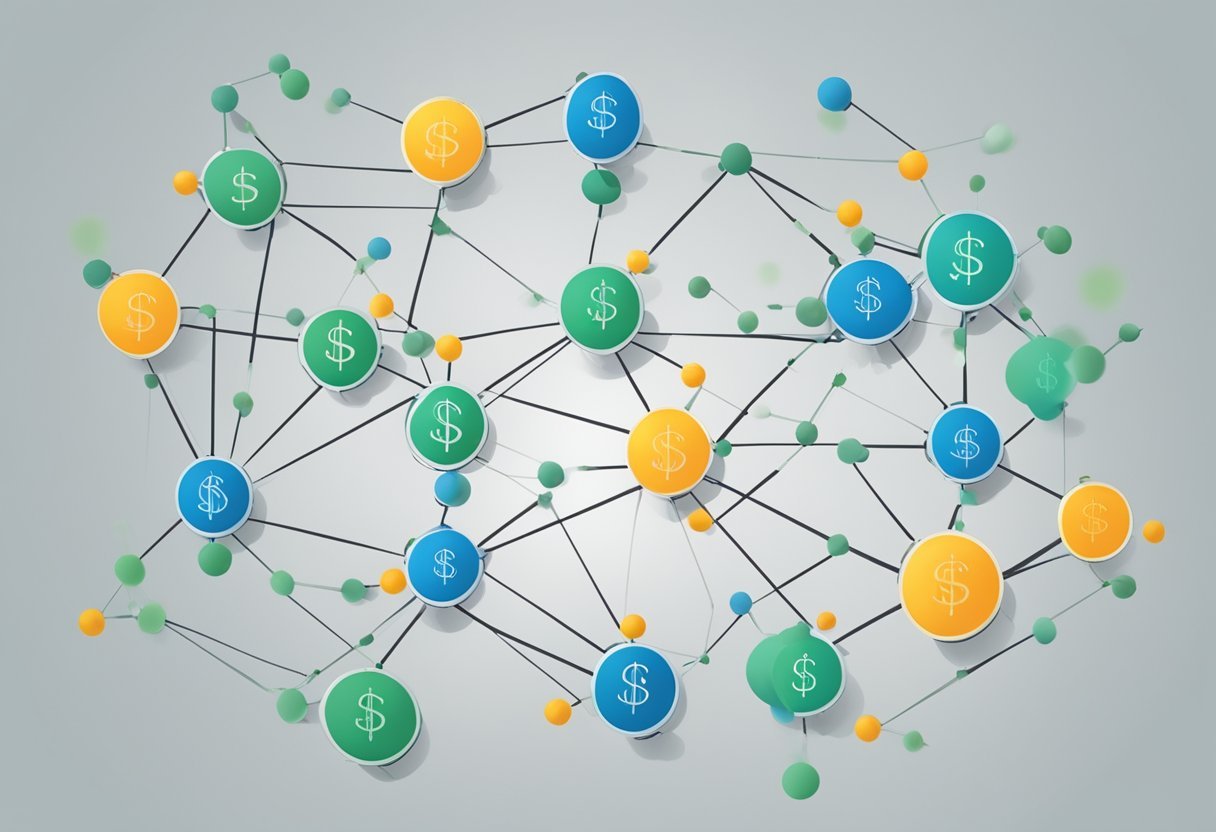 A network of interconnected arrows representing affiliates and a clear compensation structure diagram with dollar signs